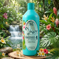 A turquoise bottle of Vegano Organico Shampoo 4 with a matching cap, displayed on a wooden slice pedestal in a lush tropical jungle setting with a waterfall in the background.