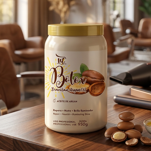 A large jar of Brazilian Botox Argan Oil Haircare hair mask sits on a wooden table in a salon setting, surrounded by hair tools, loose coffee beans, and a small bowl of yellow powder. The background shows a softly blurred salon interior with leather chairs and mirrors.