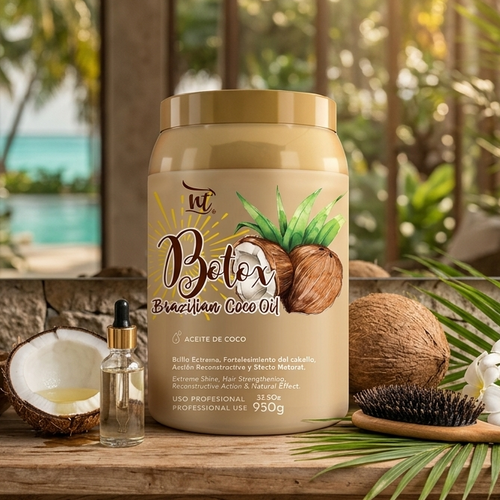 A large jar of Brazilian Coco Oil stands on a rustic stone table with coconuts, a small dropper bottle, and white flowers, set against a tropical beach background visible through arched windows.