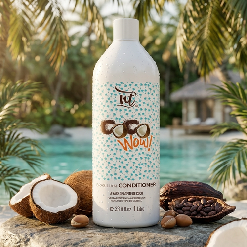 A bottle of nt Coconut Wow Conditioner stands on a stone slab outdoors by a pool, surrounded by coconuts, cocoa beans, and palm leaves.