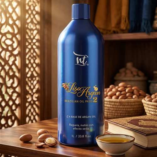 A large blue bottle of IT Lisi Argan Brazilian Oil Paso 2 argan oil stands on a wooden table in a warm, rustic setting with argan nuts, a small bowl of golden oil, and a book.