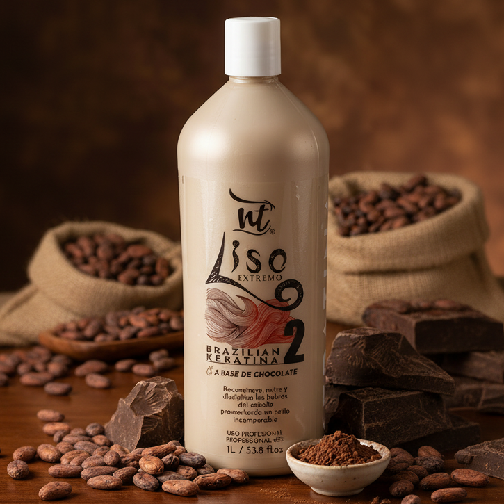 A bottle of Int Liso Extremo 2 Brazilian Keratina hair color, styled with cocoa beans, chocolate, and a bowl of cocoa powder on a rustic brown background.