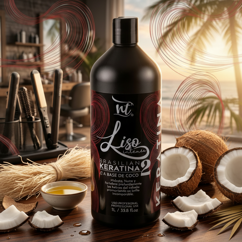 A bottle of NT Liso Keratina 2 hair extension base in a dark studio setting with coconut halves, a small bowl of liquid, and styling tools on a wooden surface.